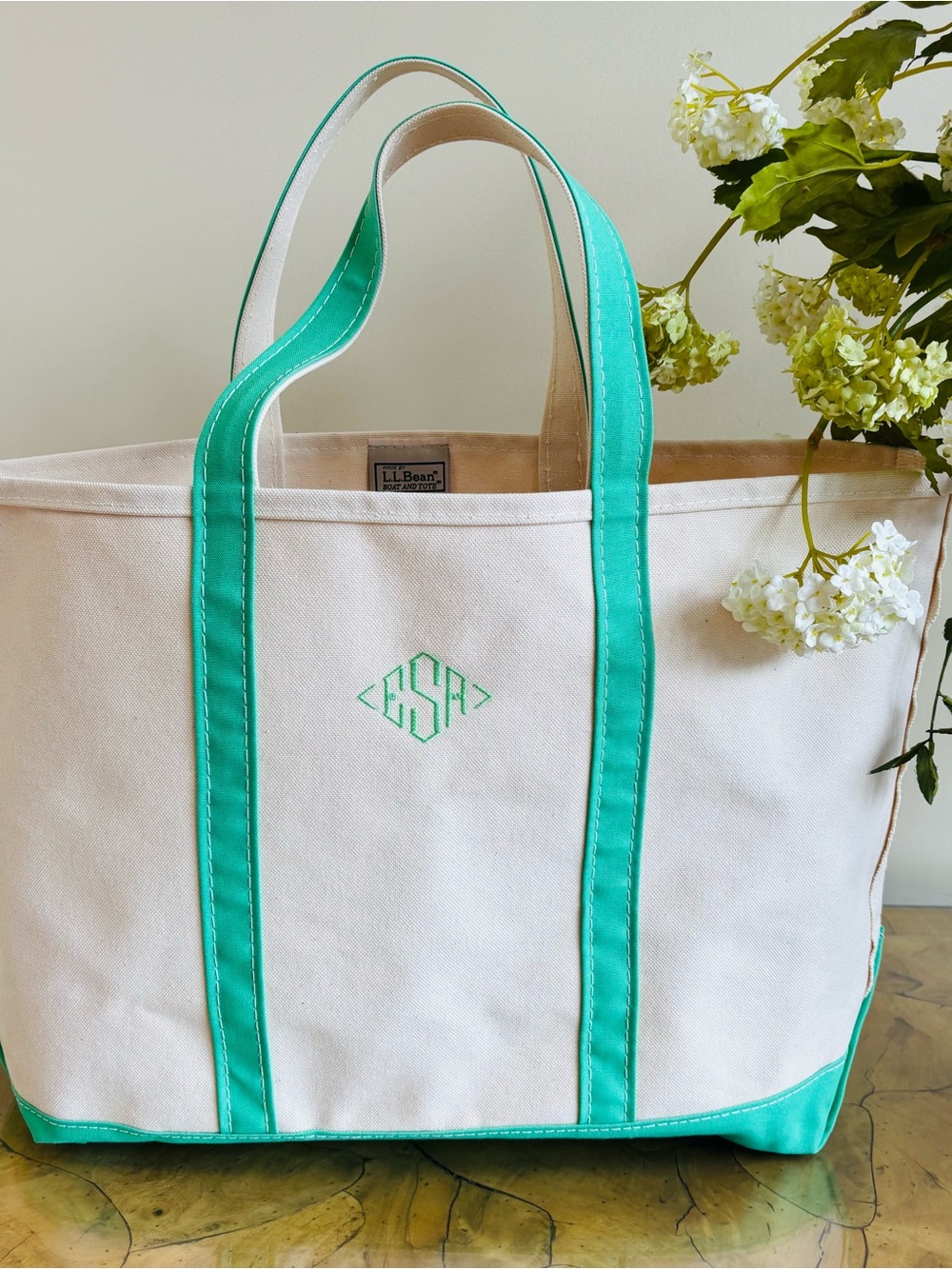 L.L. Bean Cream Canvas Tote with Mint Trim
